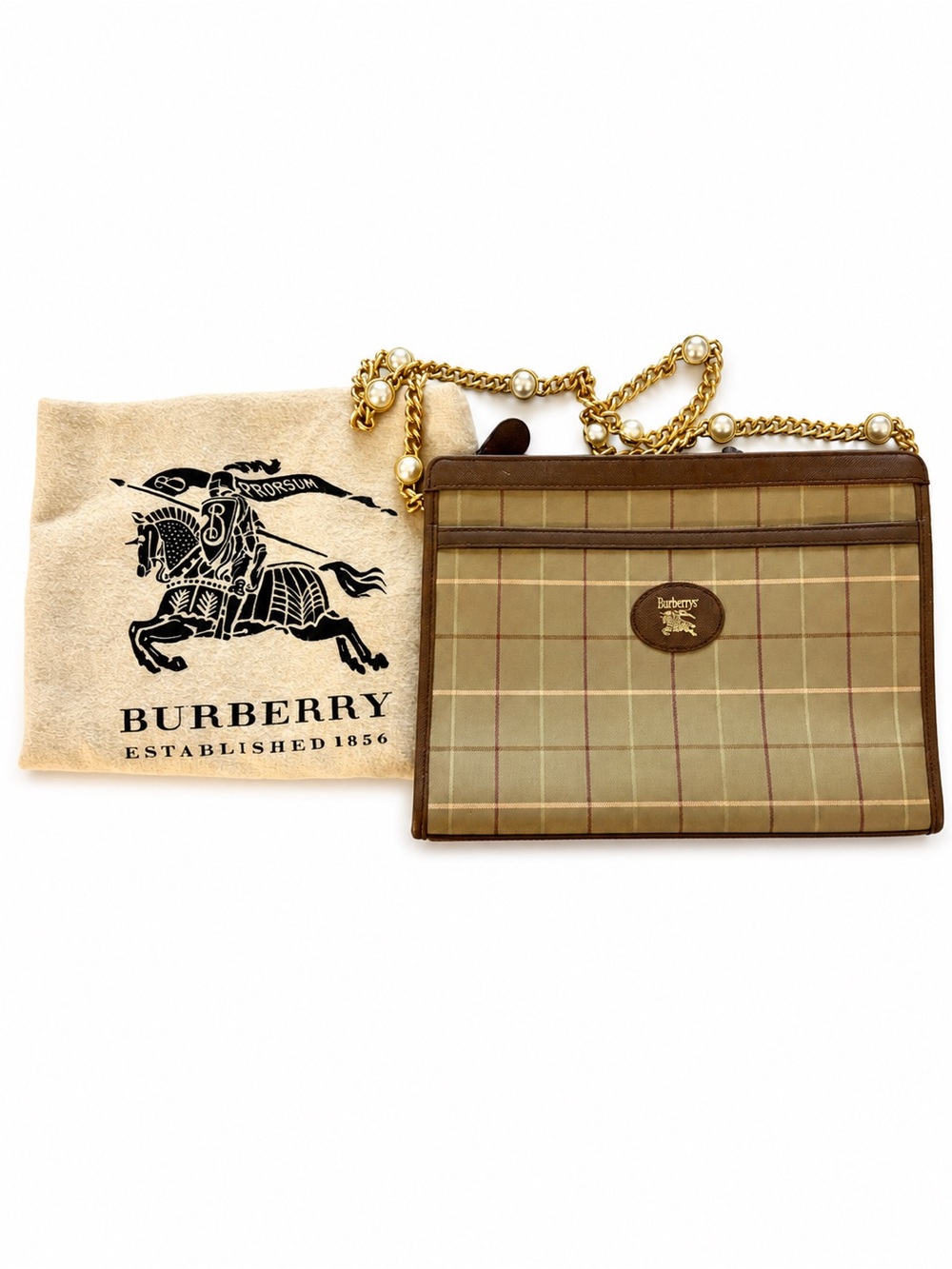 Vintage 1990s Burberrys Nova Check Clutch Bag w/ Pearl Chain - Picture 5 of 8